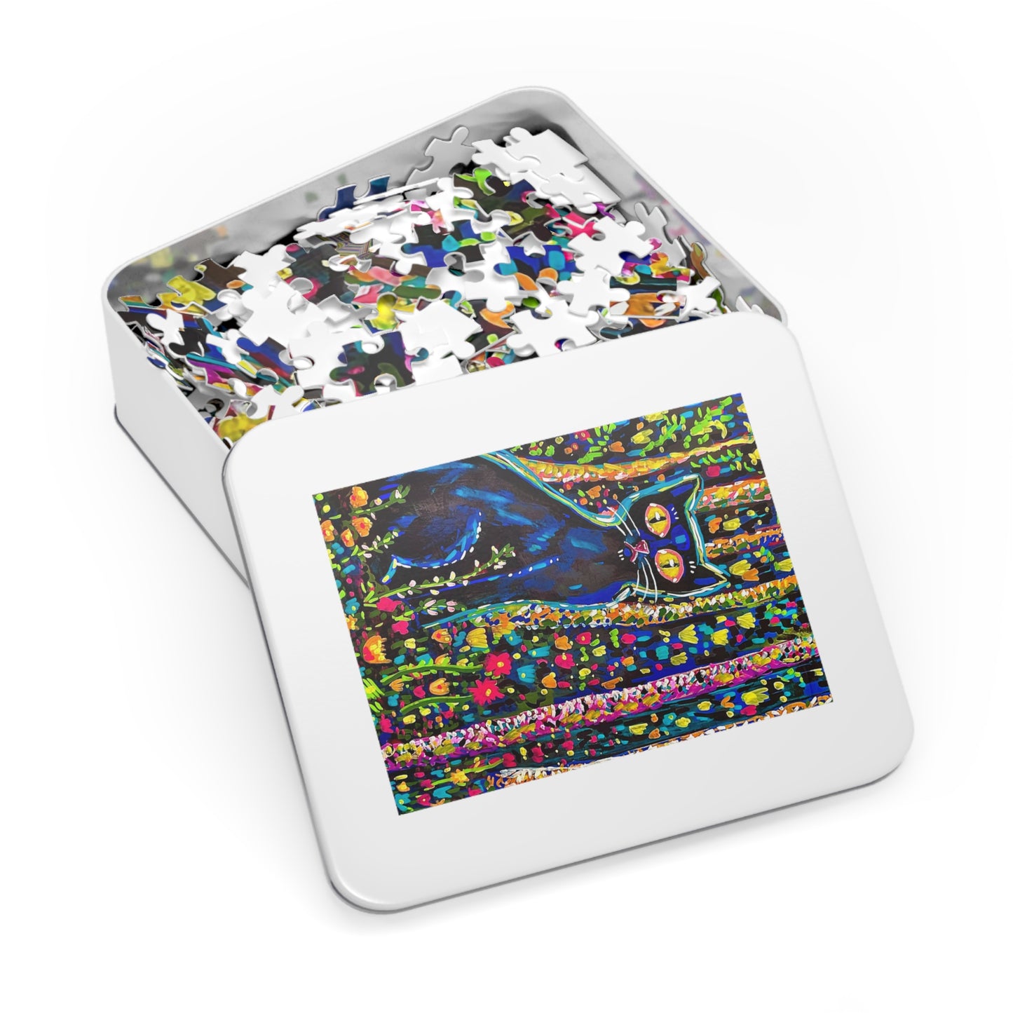 Cat in the Garden — Colorful Art Jigsaw Puzzle with Tin