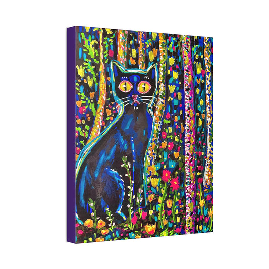 Colorful Black Cat Canvas Print — Vibrant Floral Stretched Wall Art