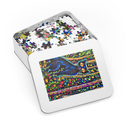 Cat in the Garden — Colorful Art Jigsaw Puzzle with Tin