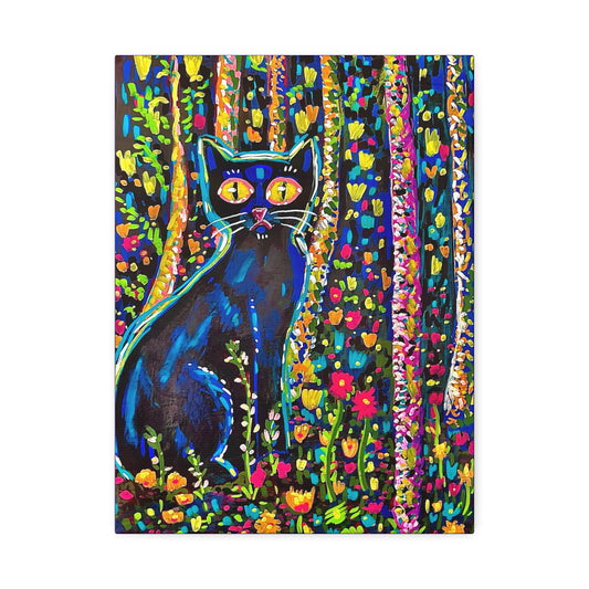 Colorful Black Cat Canvas Print — Vibrant Floral Stretched Wall Art